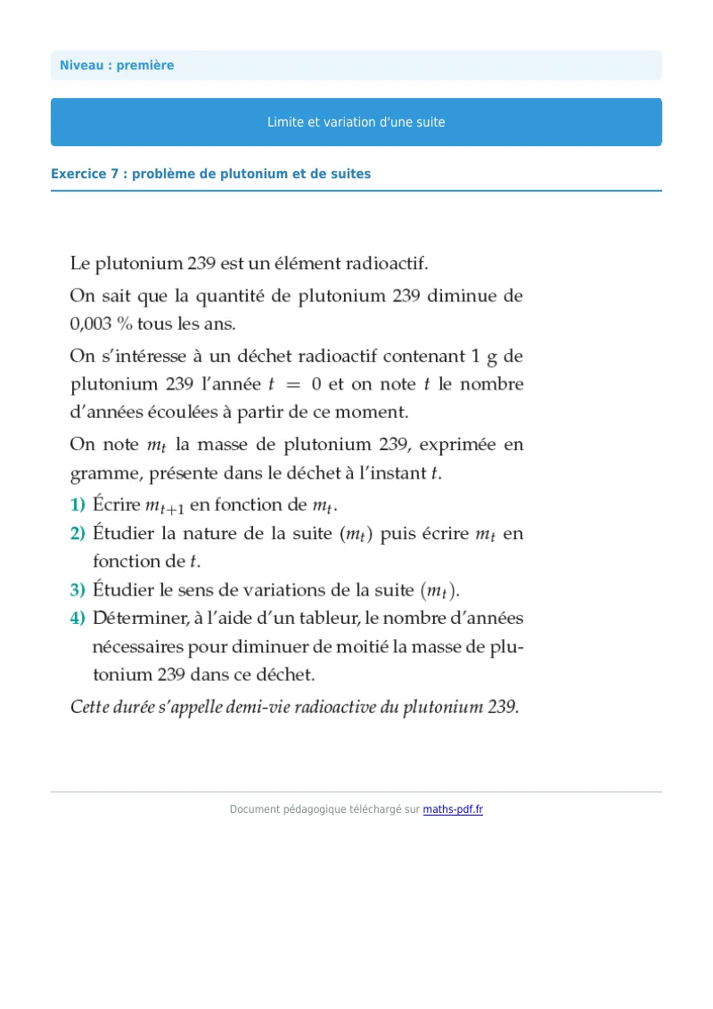 Limites et variations de suites : exercice n°7 de maths en première corrigé en PDF