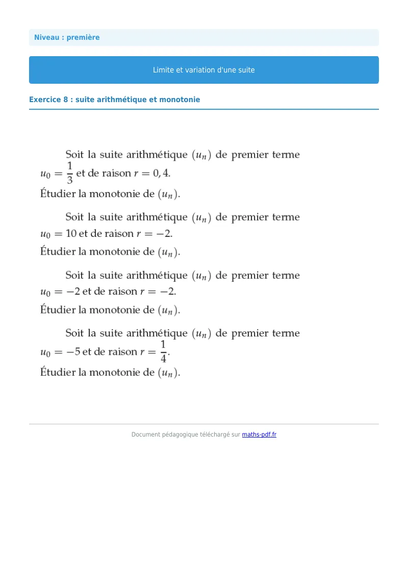 Limites et variations de suites : exercice n°8 de maths en première corrigé en PDF
