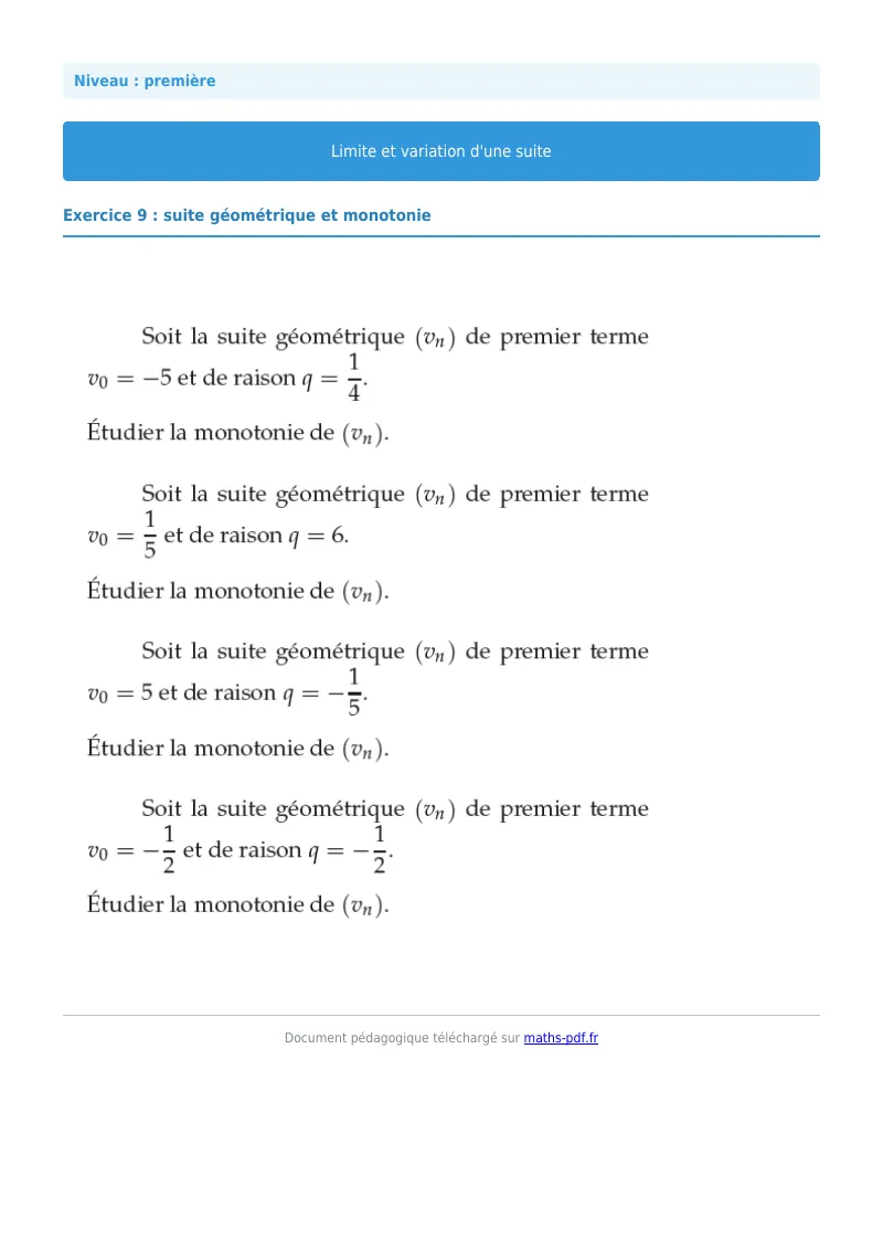 Limites et variations de suites : exercice n°9 de maths en première corrigé en PDF