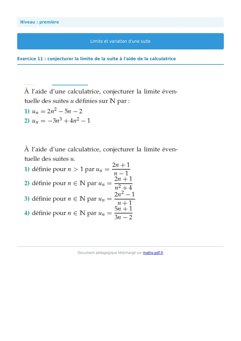 Limites et variations de suites : exercice n°11 de maths en première corrigé en PDF