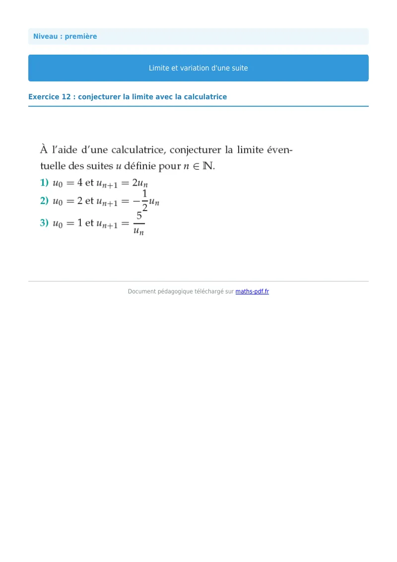 Limites et variations de suites : exercice n°12 de maths en première corrigé en PDF