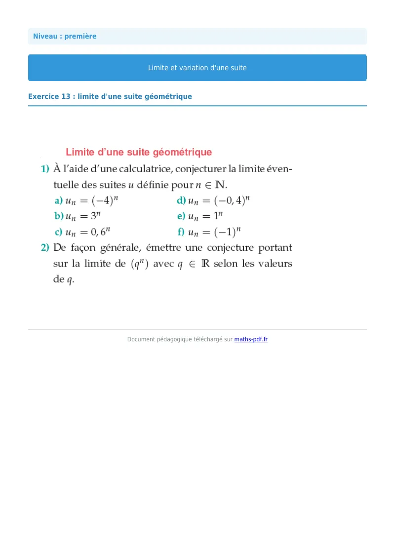 Limites et variations de suites : exercice n°13 de maths en première corrigé en PDF