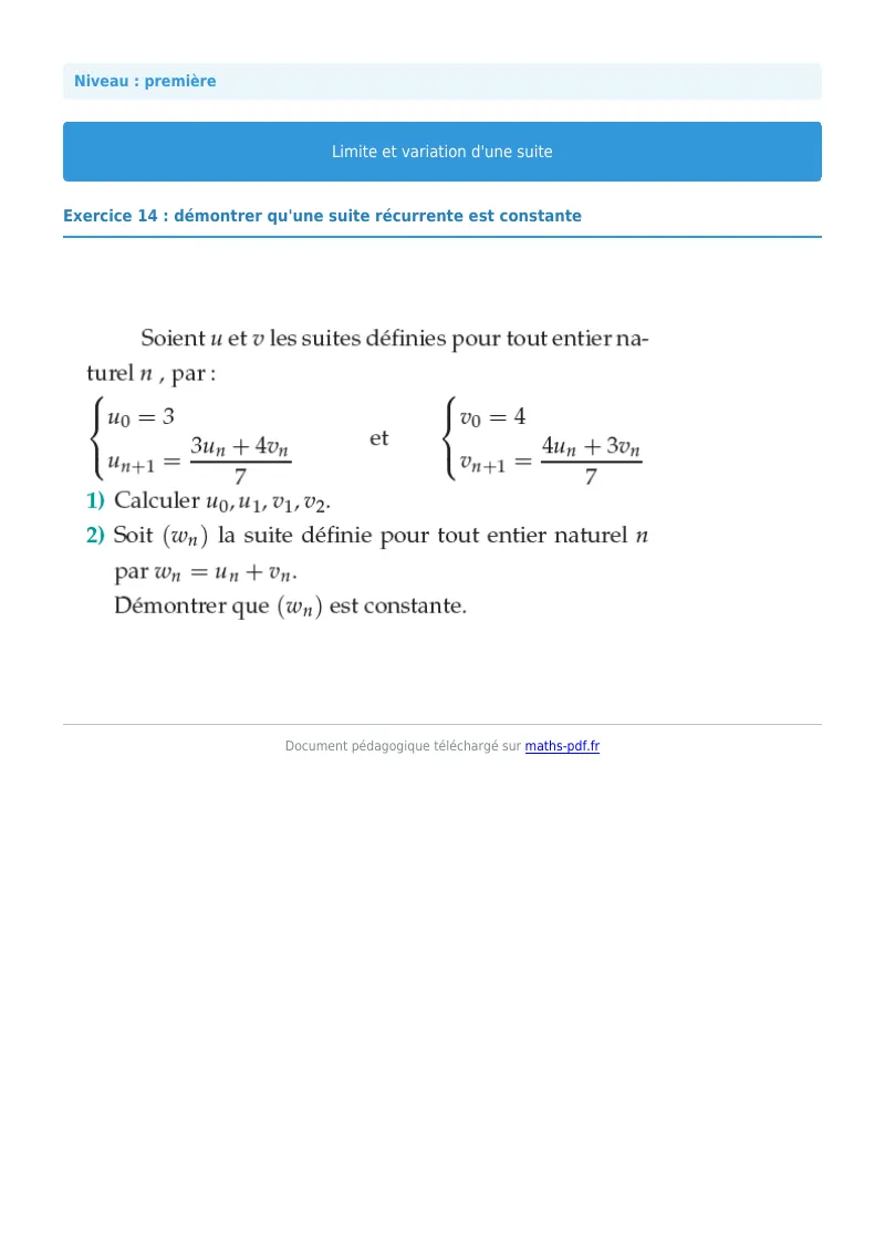 Limites et variations de suites : exercice n°14 de maths en première corrigé en PDF