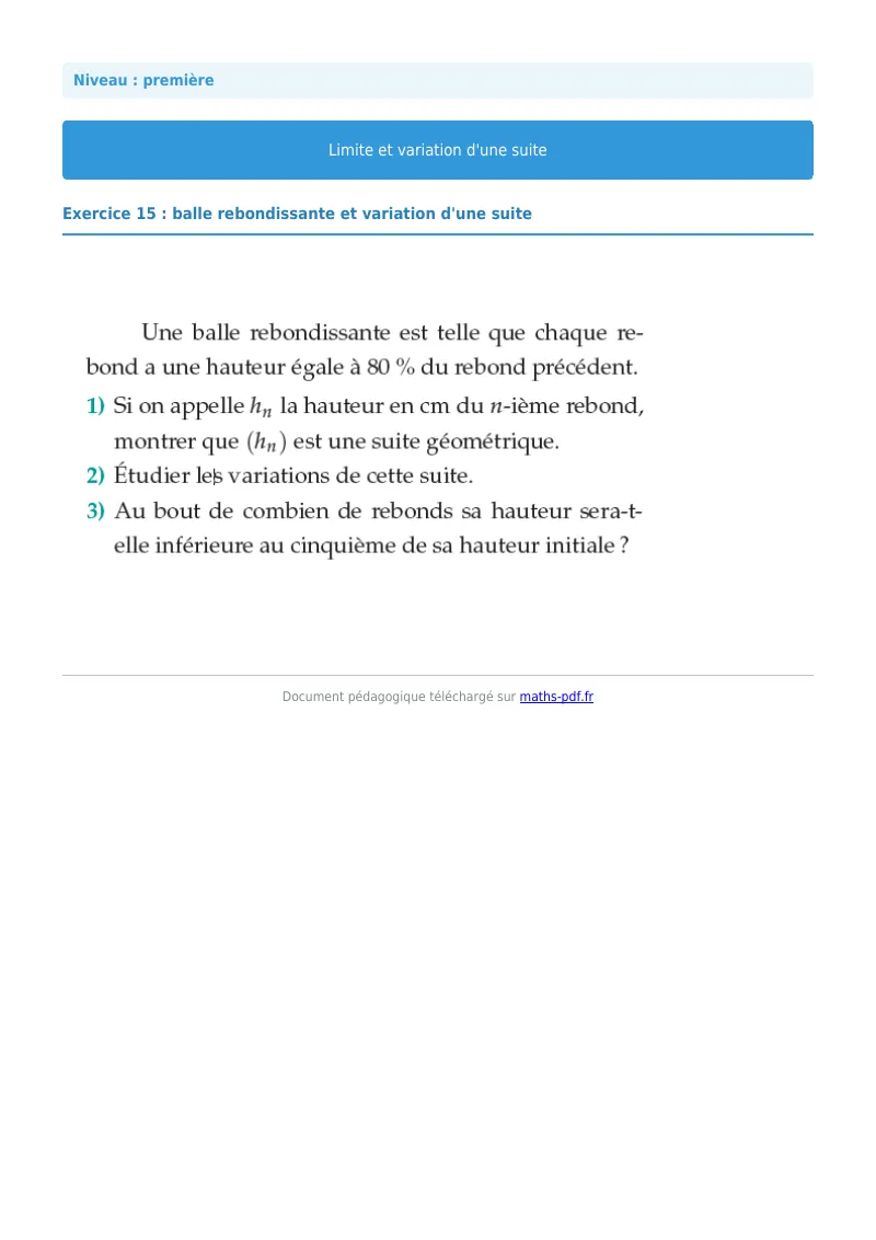 Limites et variations de suites : exercice n°15 de maths en première corrigé en PDF