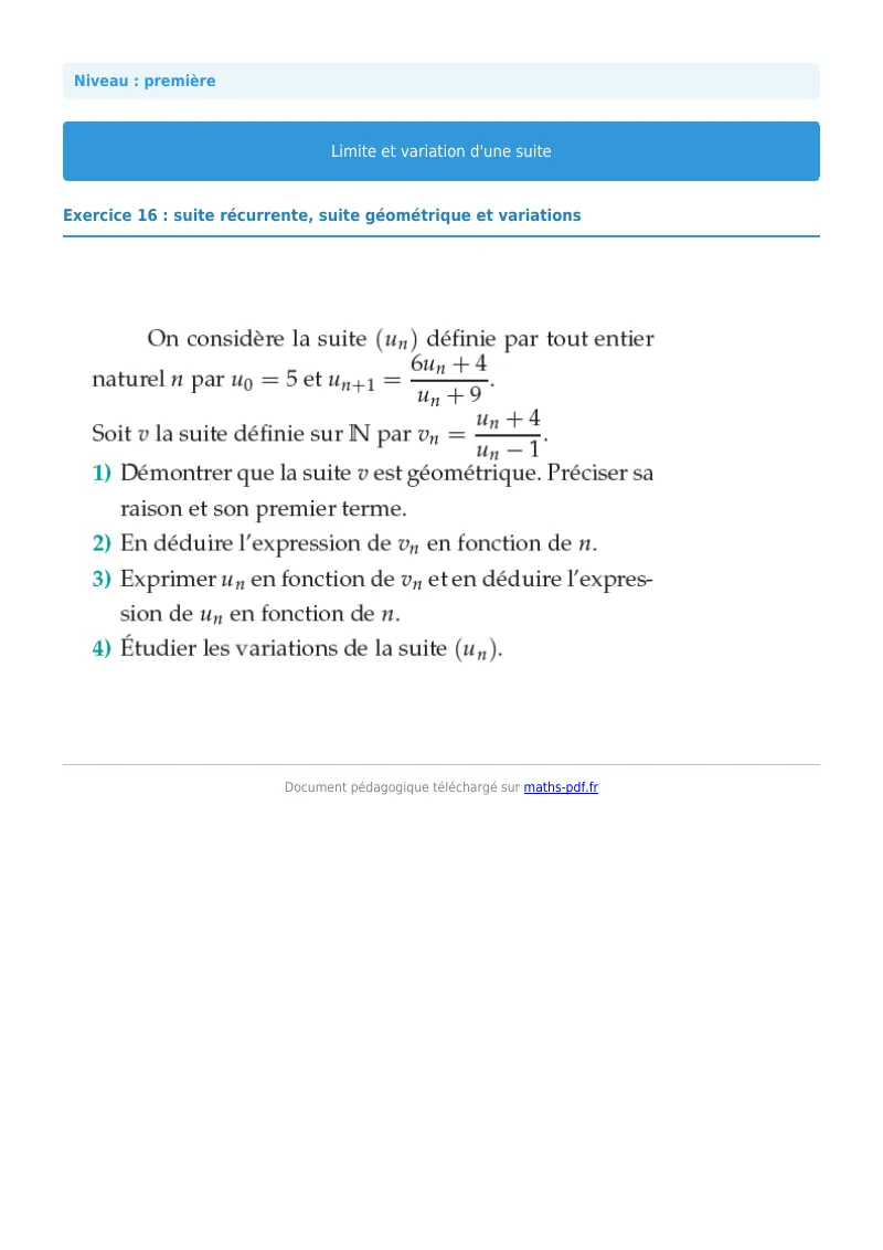 Limites et variations de suites : exercice n°16 de maths en première corrigé en PDF