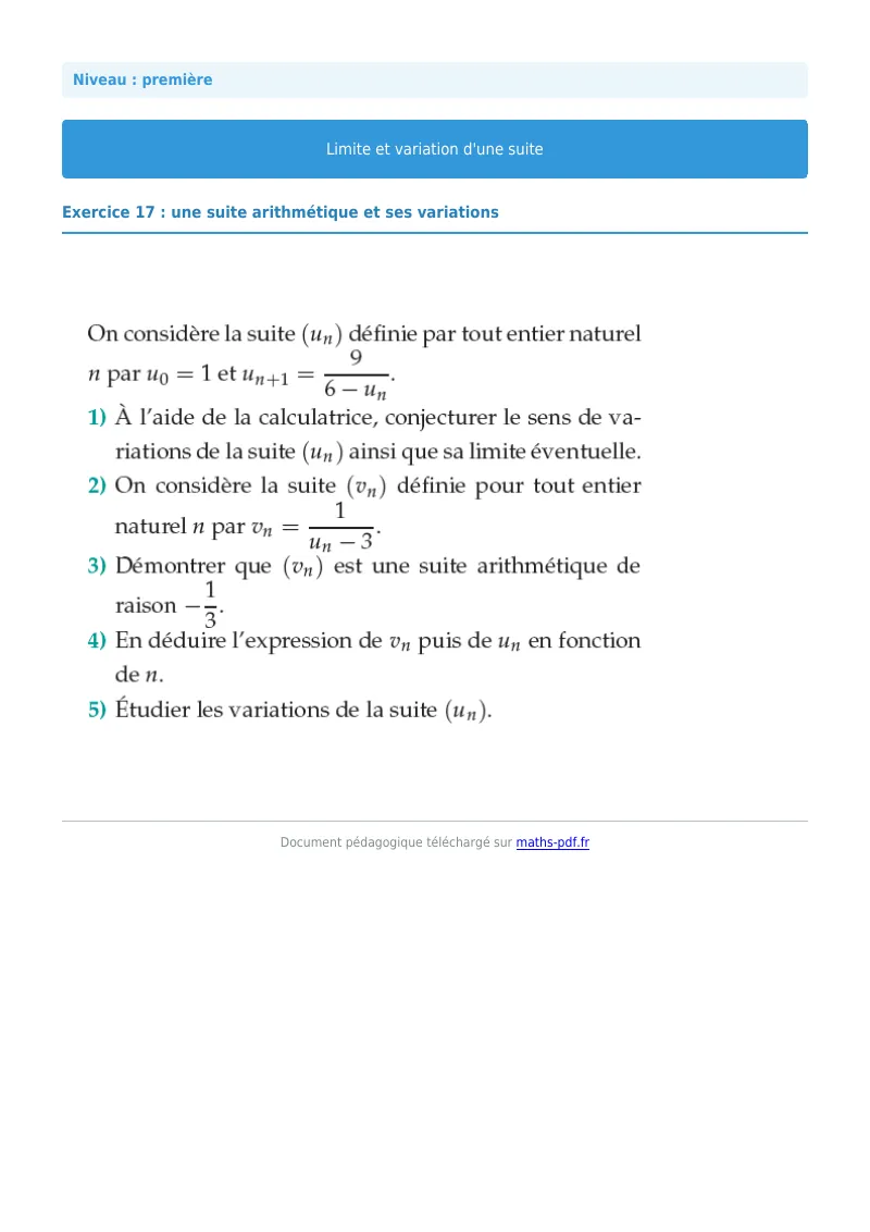 Limites et variations de suites : exercice n°17 de maths en première corrigé en PDF