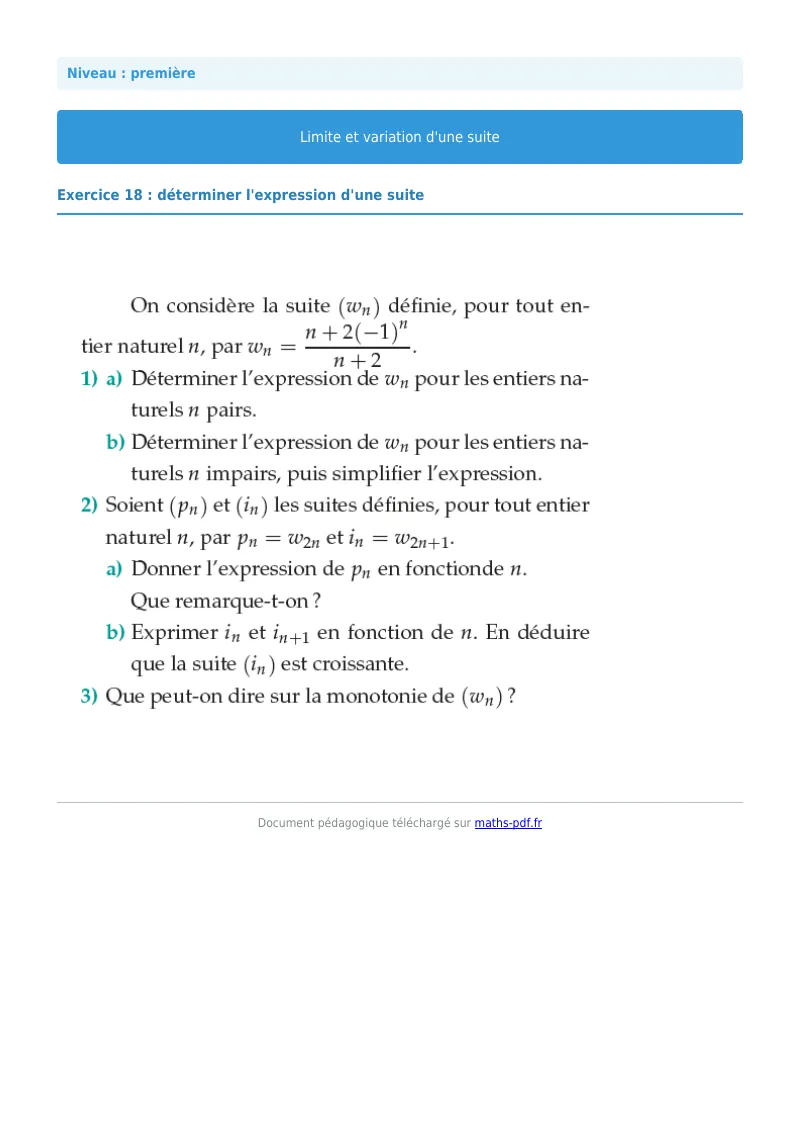 Limites et variations de suites : exercice n°18 de maths en première corrigé en PDF