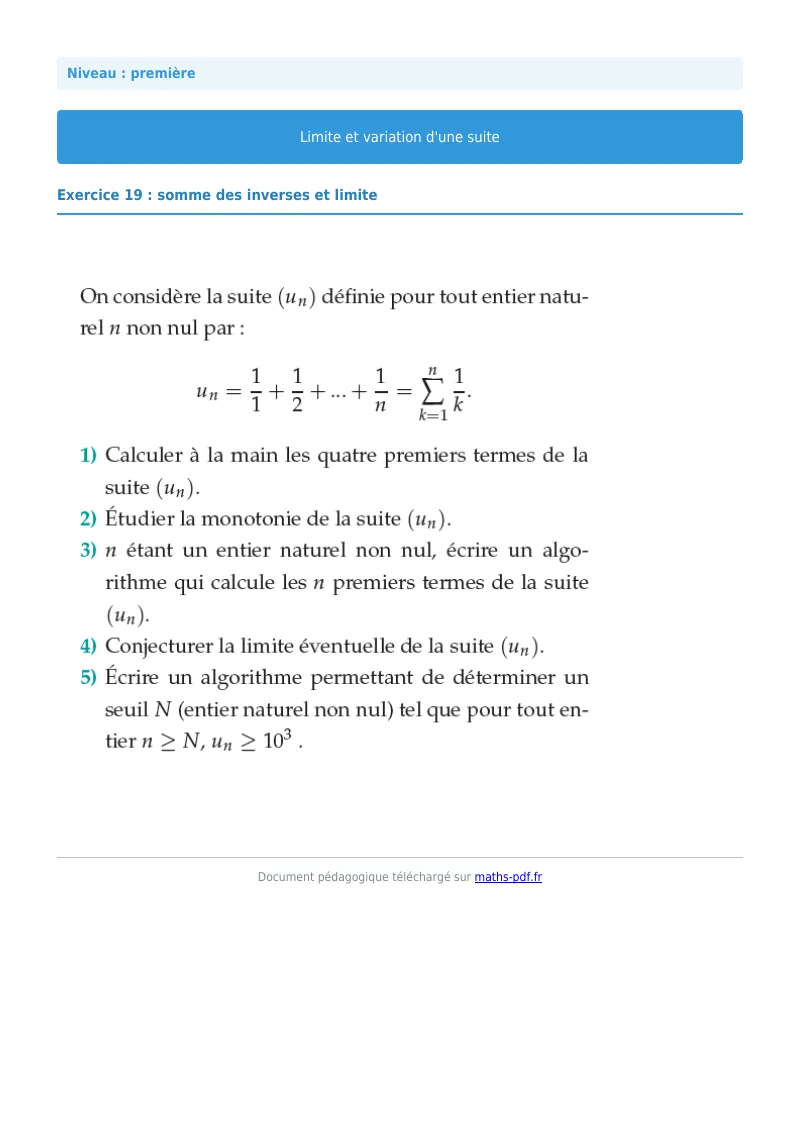 Limites et variations de suites : exercice n°19 de maths en première corrigé en PDF