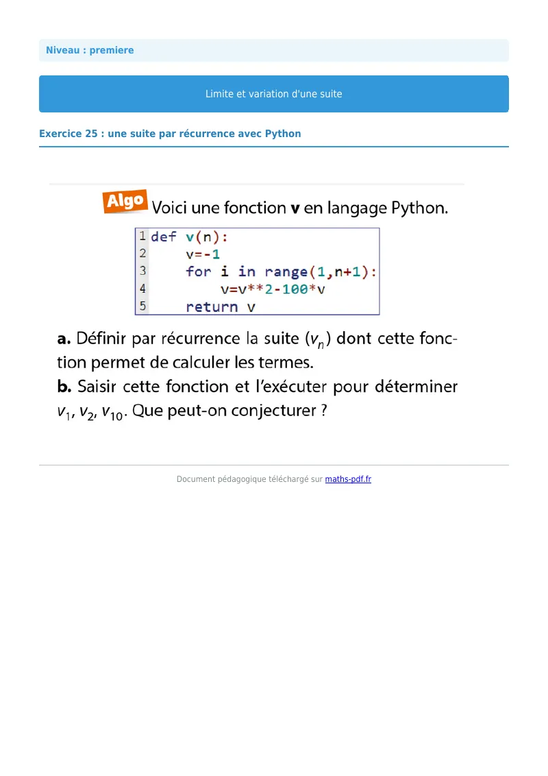 Limites et variations de suites : exercice n°25 de maths en première corrigé en PDF