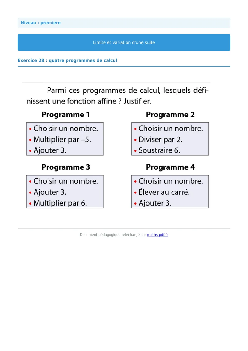 Limites et variations de suites : exercice n°28 de maths en première corrigé en PDF