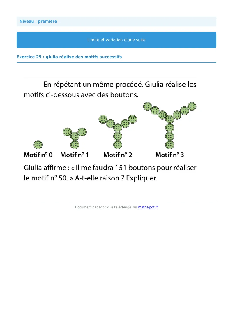 Limites et variations de suites : exercice n°29 de maths en première corrigé en PDF