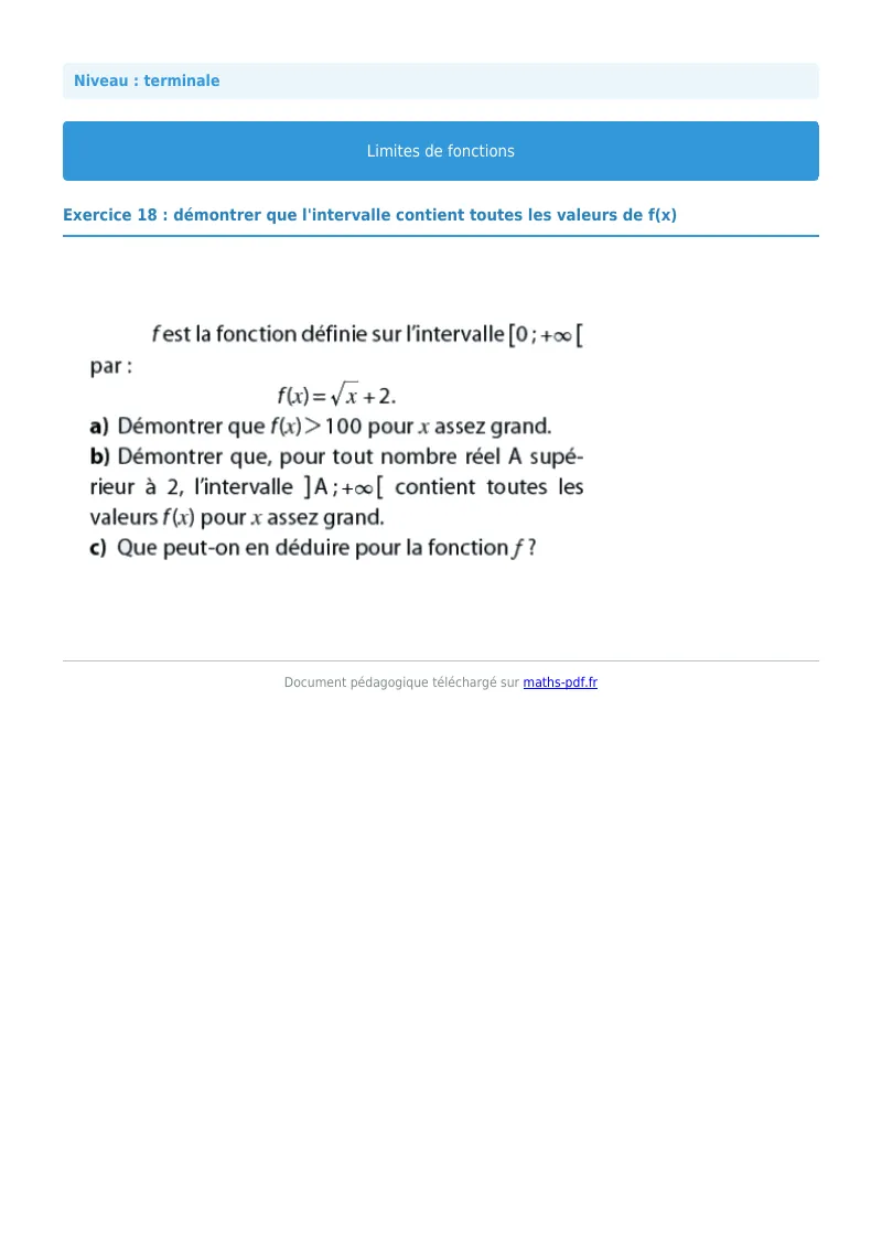 Limites de fonctions : exercice n°18 de maths en terminale corrigé en PDF