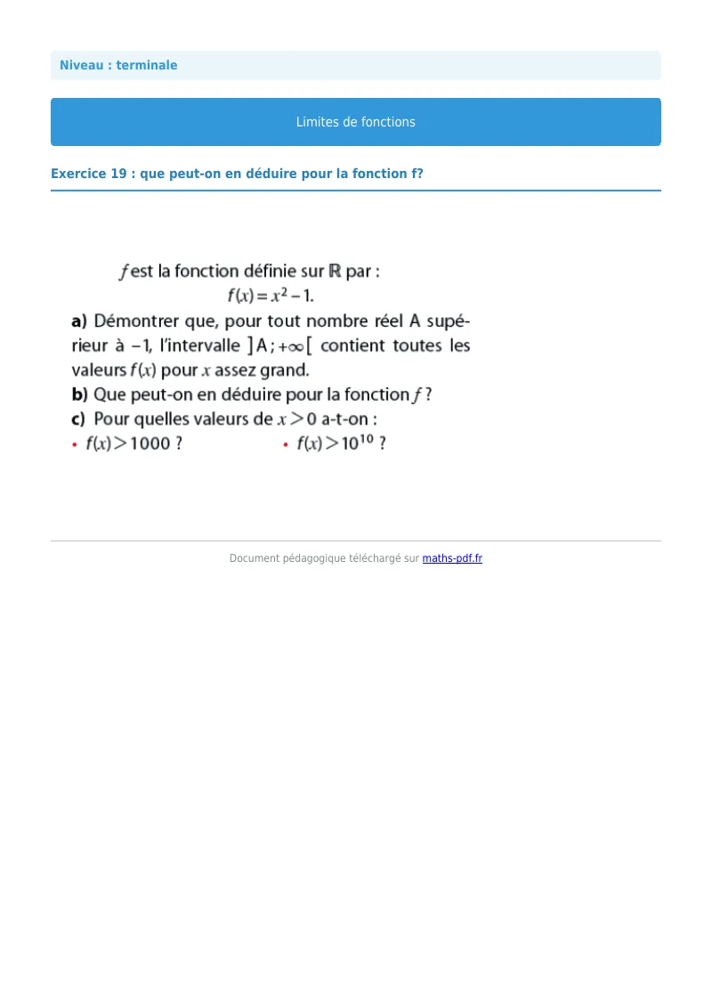Limites de fonctions : exercice n°19 de maths en terminale corrigé en PDF