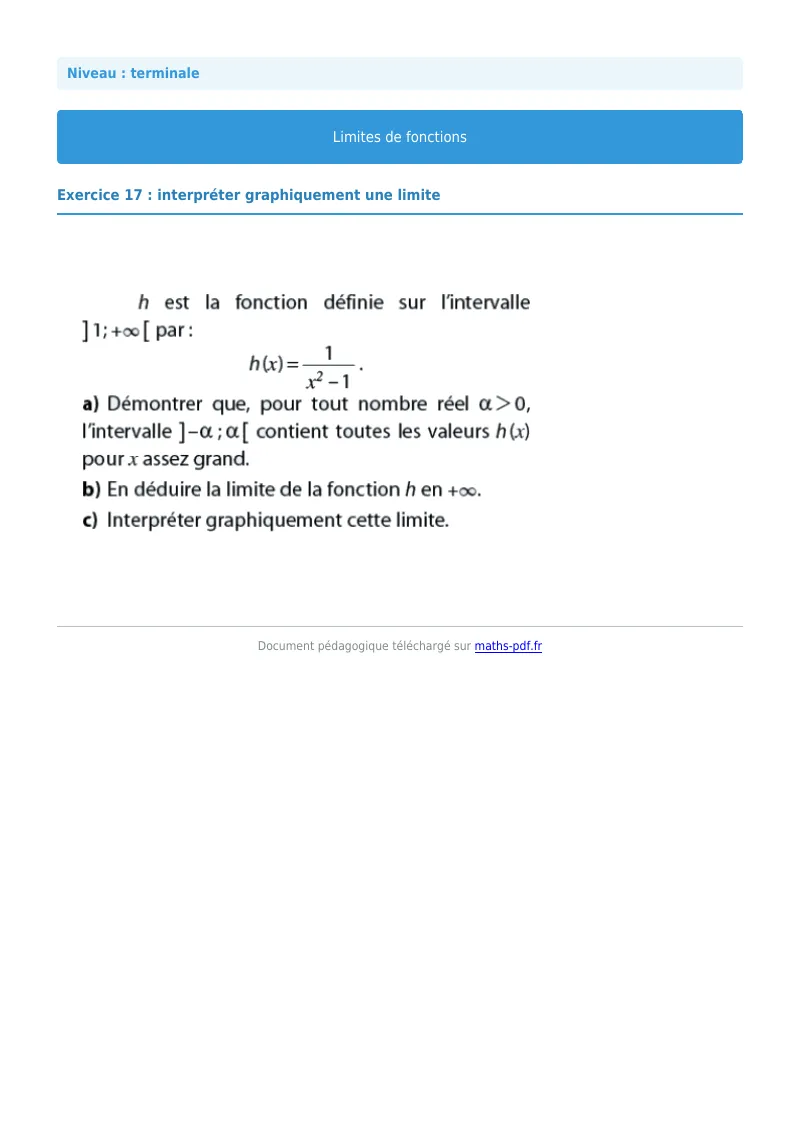 Limites de fonctions : exercice n°17 de maths en terminale corrigé en PDF