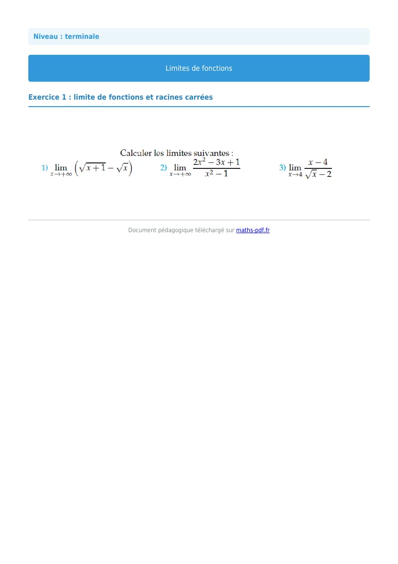 Limites de fonctions : exercice n°1 de maths en terminale corrigé en PDF