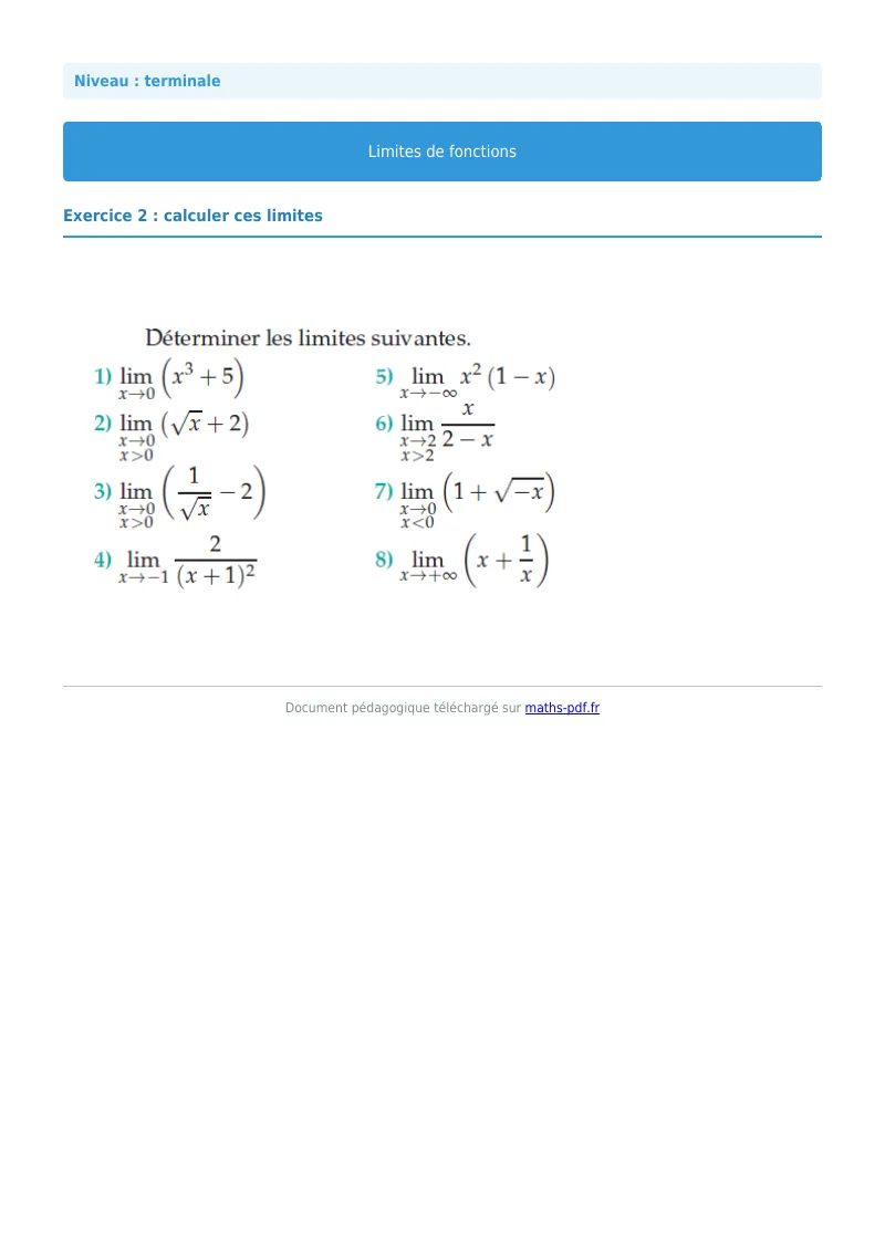 Limites de fonctions : exercice n°2 de maths en terminale corrigé en PDF