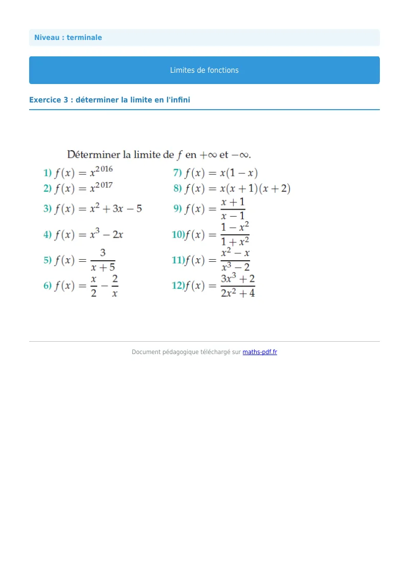 Limites de fonctions : exercice n°3 de maths en terminale corrigé en PDF