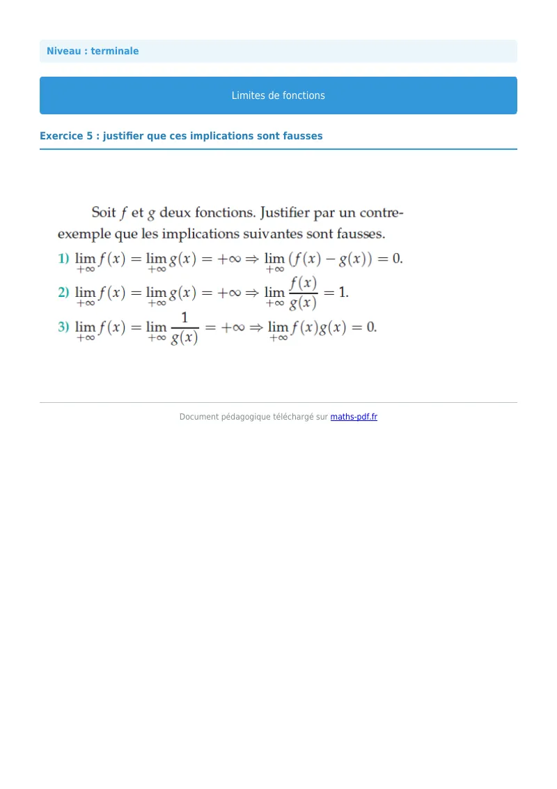 Limites de fonctions : exercice n°5 de maths en terminale corrigé en PDF