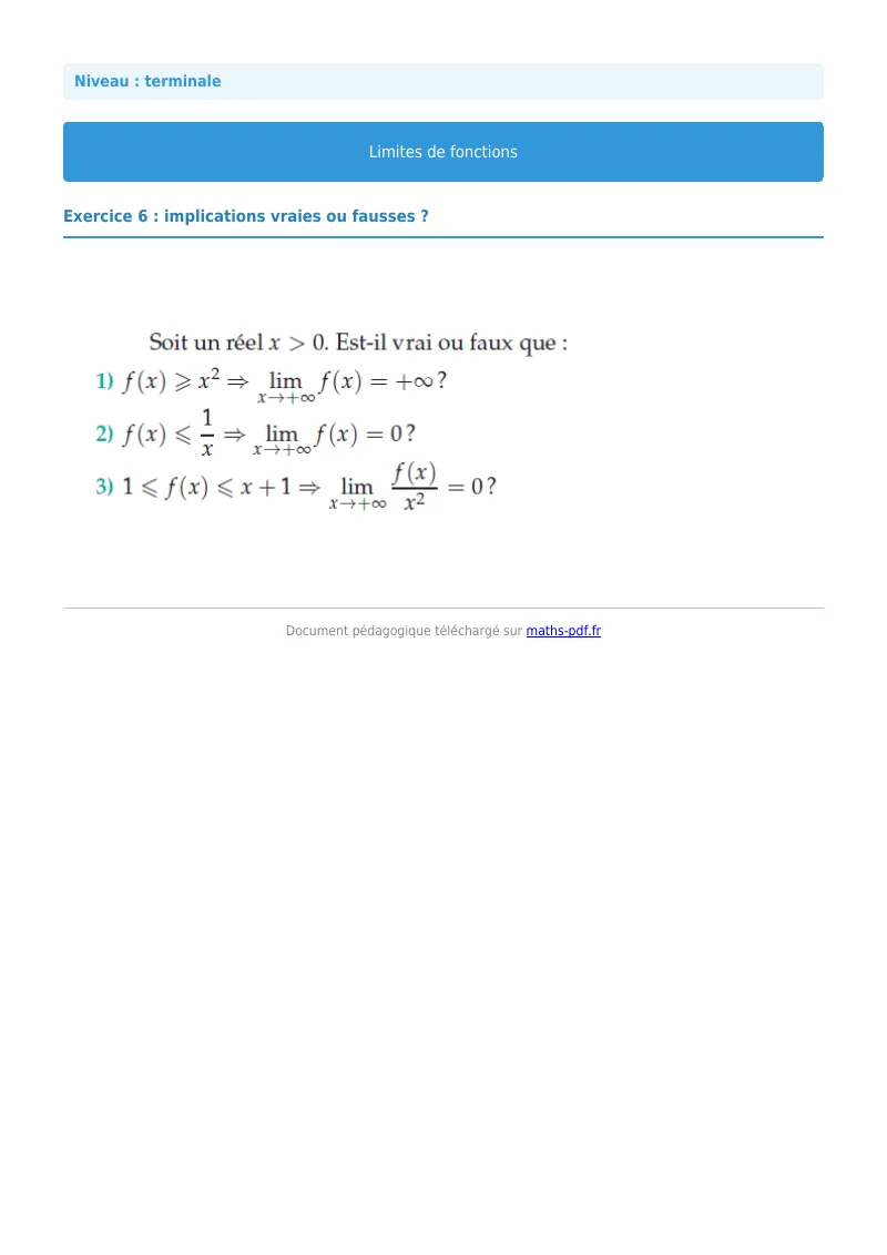 Limites de fonctions : exercice n°6 de maths en terminale corrigé en PDF