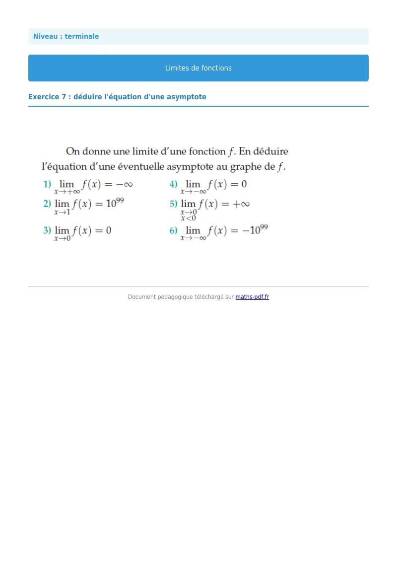 Limites de fonctions : exercice n°7 de maths en terminale corrigé en PDF