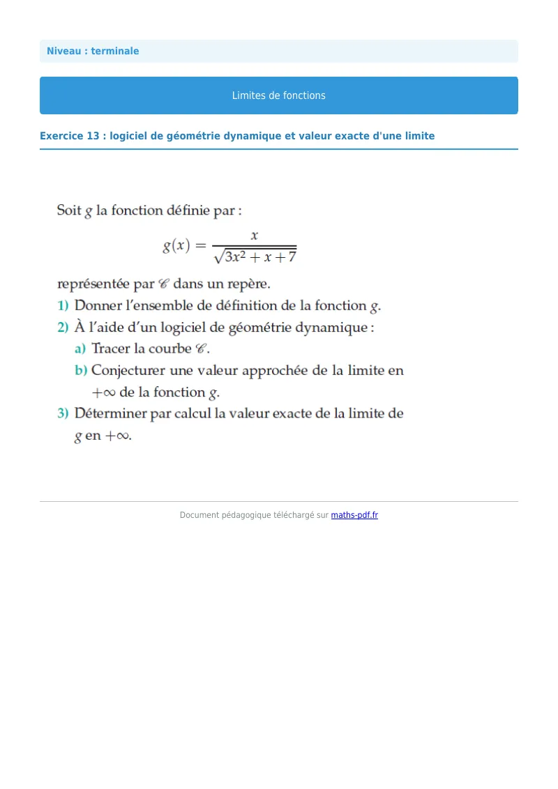 Limites de fonctions : exercice n°13 de maths en terminale corrigé en PDF