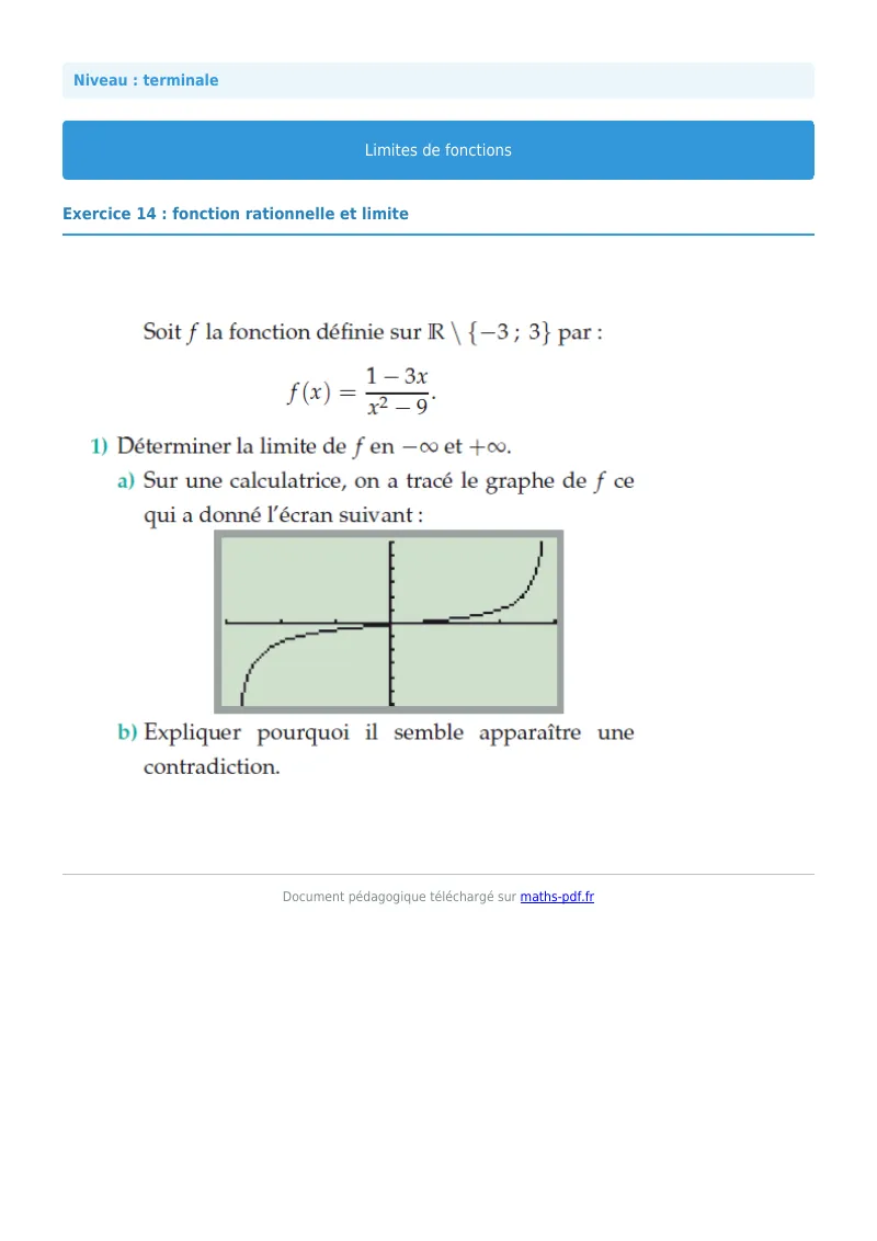 Limites de fonctions : exercice n°14 de maths en terminale corrigé en PDF