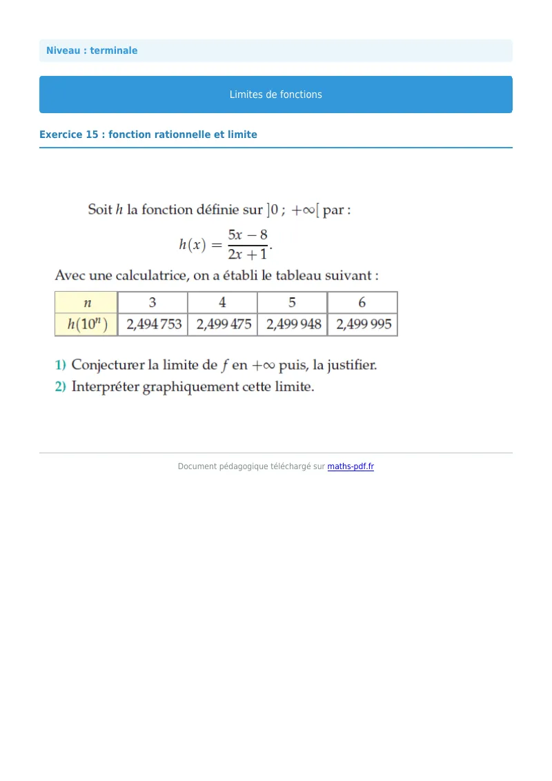 Limites de fonctions : exercice n°15 de maths en terminale corrigé en PDF