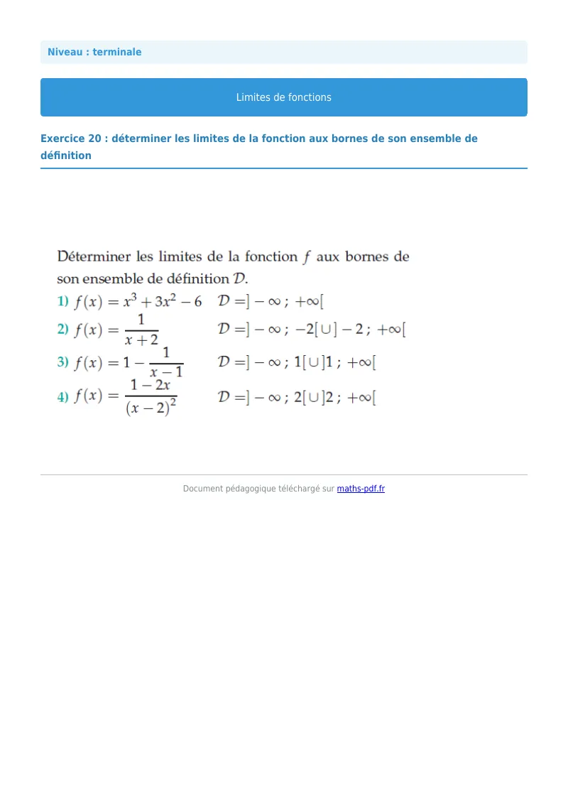 Limites de fonctions : exercice n°20 de maths en terminale corrigé en PDF