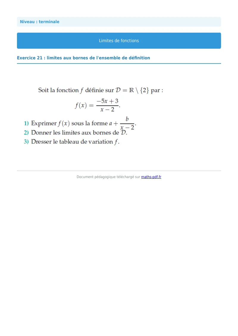 Limites de fonctions : exercice n°21 de maths en terminale corrigé en PDF