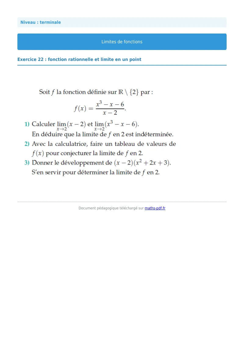 Limites de fonctions : exercice n°22 de maths en terminale corrigé en PDF