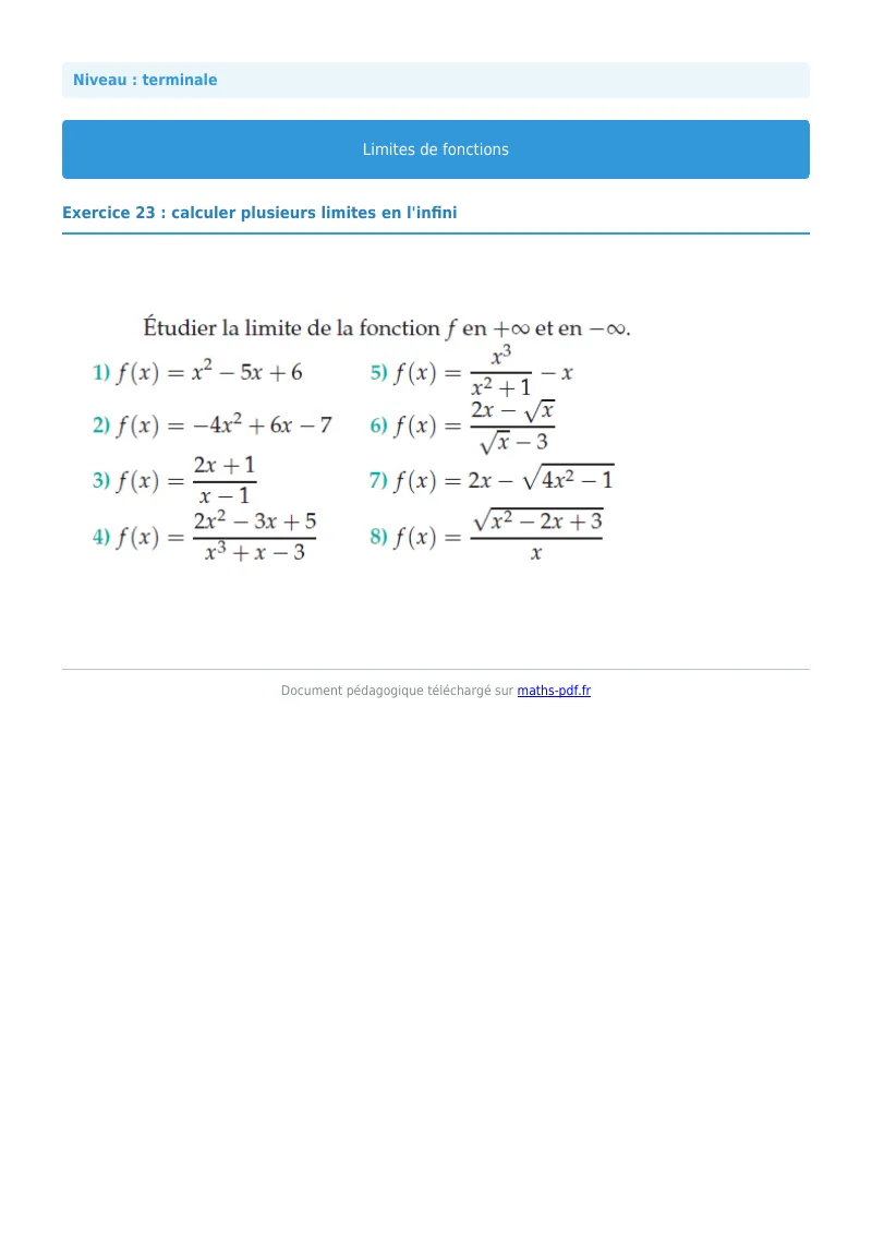 Limites de fonctions : exercice n°23 de maths en terminale corrigé en PDF