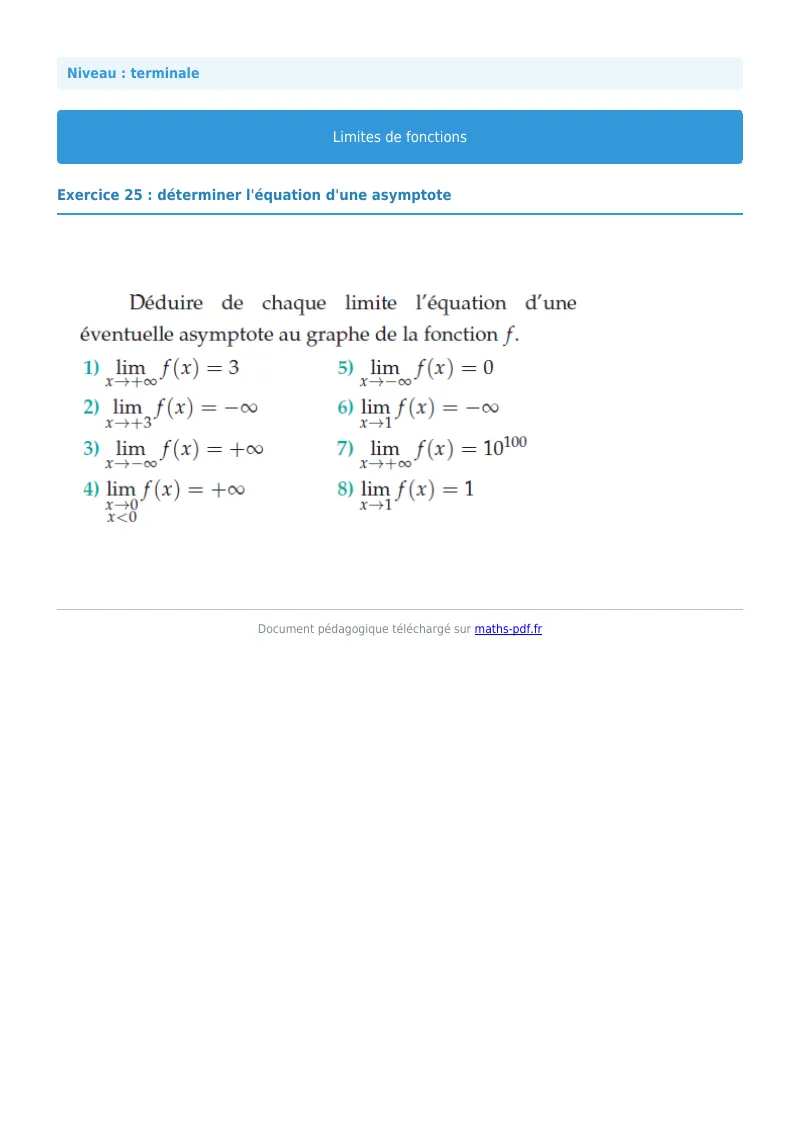 Limites de fonctions : exercice n°25 de maths en terminale corrigé en PDF