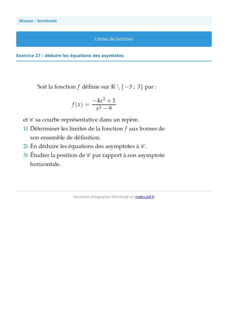 Limites de fonctions : exercice n°27 de maths en terminale corrigé en PDF