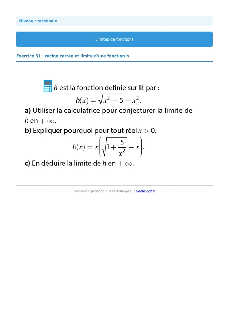 Limites de fonctions : exercice n°31 de maths en terminale corrigé en PDF