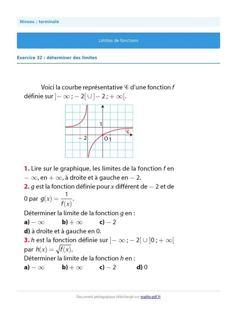 Limites de fonctions : exercice n°32 de maths en terminale corrigé en PDF