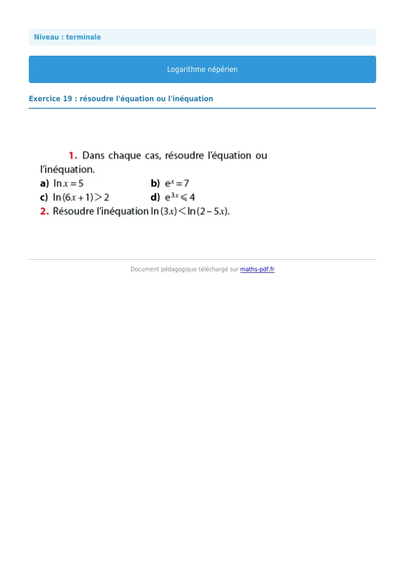 Logarithme népérien : exercice n°19 de maths en terminale corrigé en PDF