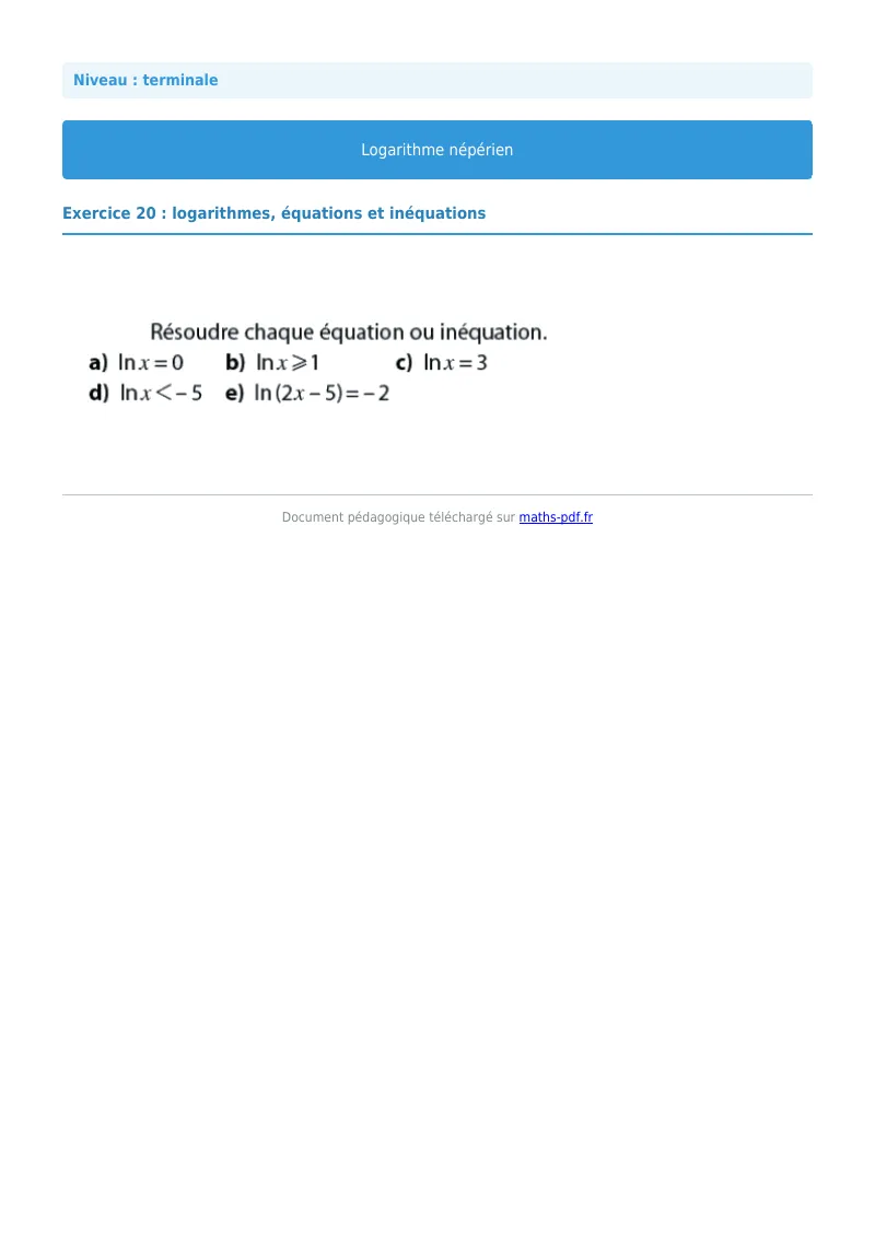 Logarithme népérien : exercice n°20 de maths en terminale corrigé en PDF