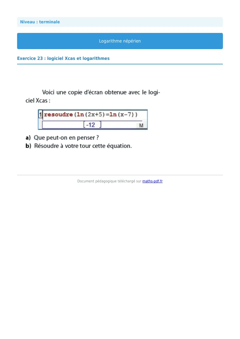 Logarithme népérien : exercice n°23 de maths en terminale corrigé en PDF