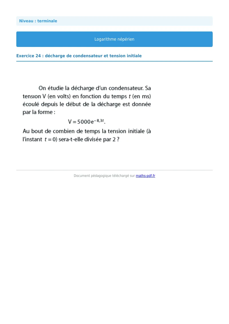 Logarithme népérien : exercice n°24 de maths en terminale corrigé en PDF