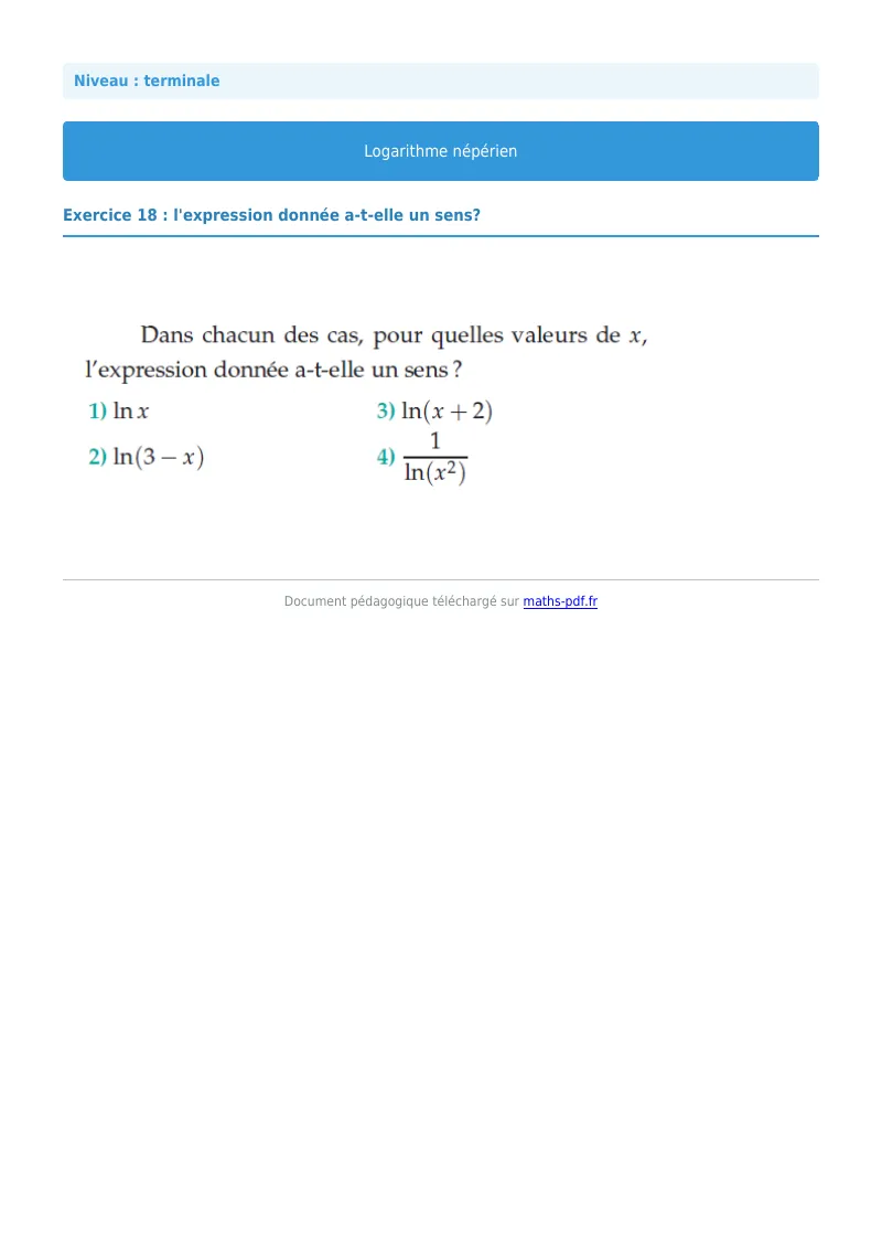 Logarithme népérien : exercice n°18 de maths en terminale corrigé en PDF