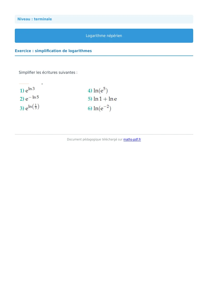 Logarithme népérien : exercice n°1 de maths en terminale corrigé en PDF