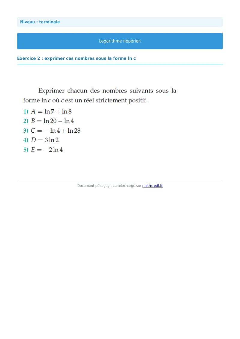 Logarithme népérien : exercice n°2 de maths en terminale corrigé en PDF