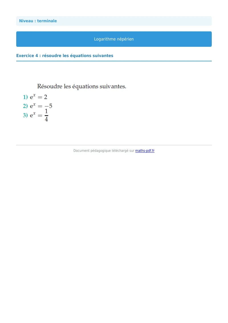 Logarithme népérien : exercice n°4 de maths en terminale corrigé en PDF