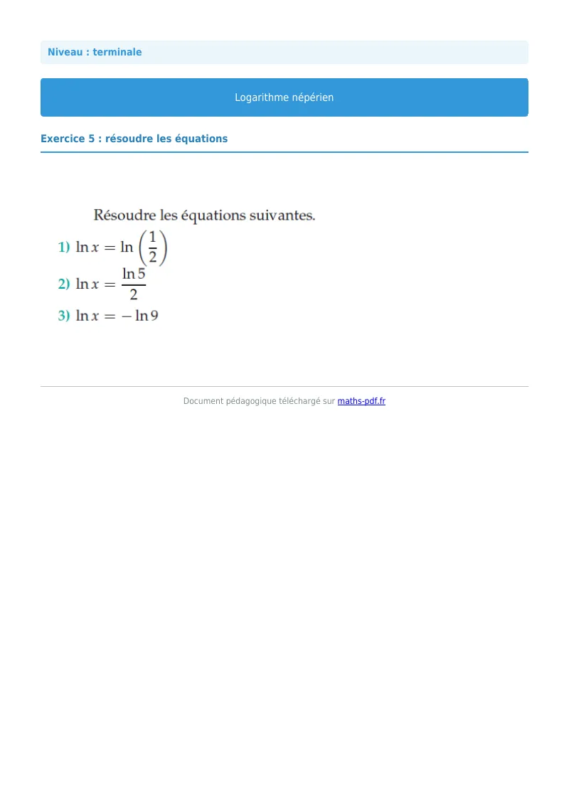 Logarithme népérien : exercice n°5 de maths en terminale corrigé en PDF