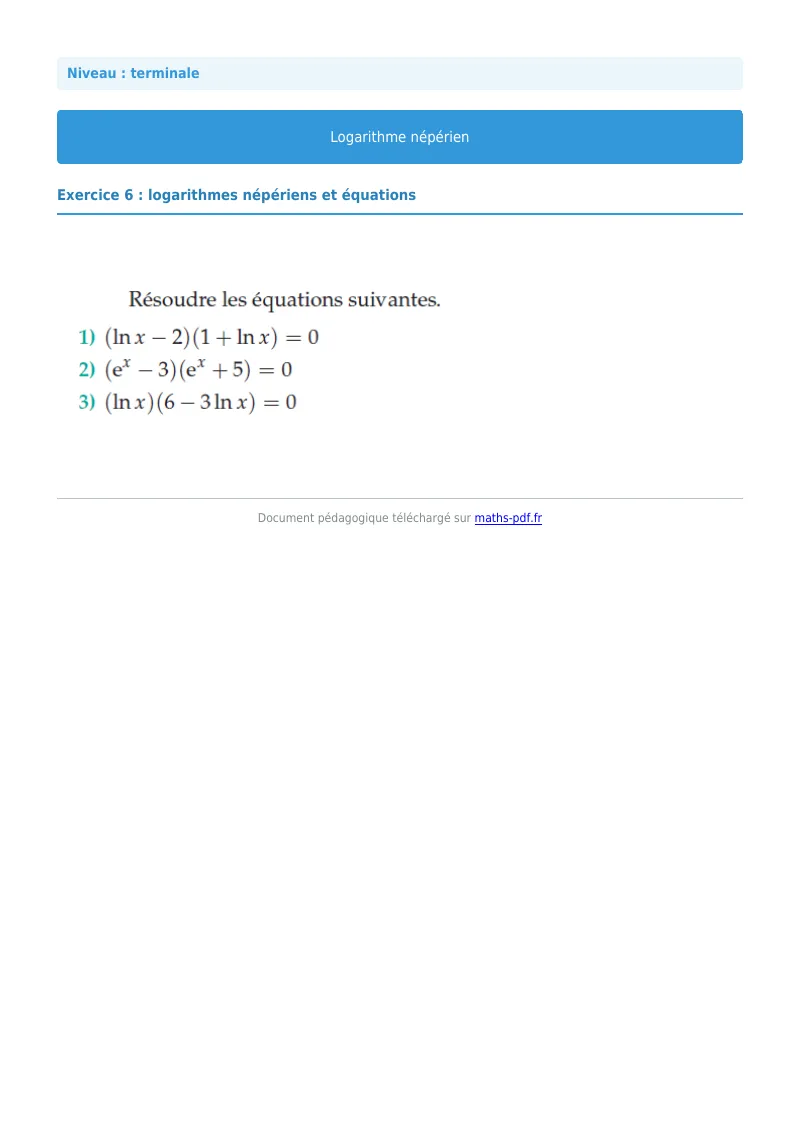 Logarithme népérien : exercice n°6 de maths en terminale corrigé en PDF