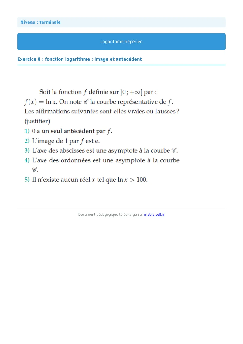 Logarithme népérien : exercice n°8 de maths en terminale corrigé en PDF