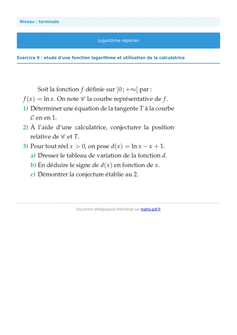 Logarithme népérien : exercice n°9 de maths en terminale corrigé en PDF