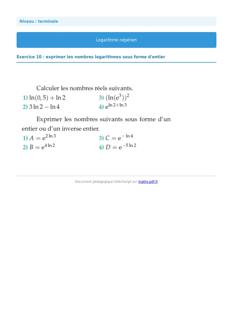 Logarithme népérien : exercice n°10 de maths en terminale corrigé en PDF