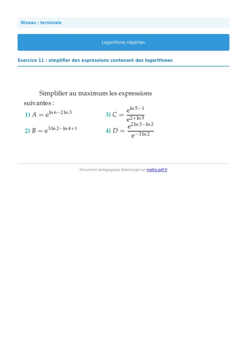 Logarithme népérien : exercice n°11 de maths en terminale corrigé en PDF