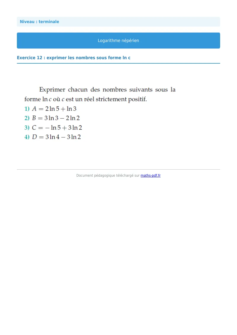 Logarithme népérien : exercice n°12 de maths en terminale corrigé en PDF